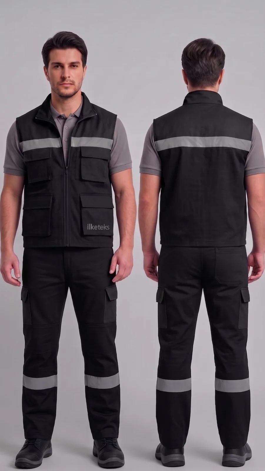Siparişe özel iş yeleği-pantolon takımı #04 — harman gabardin 245 gr/m² full likralı, İlke Tekstil Denizli OEM üretim