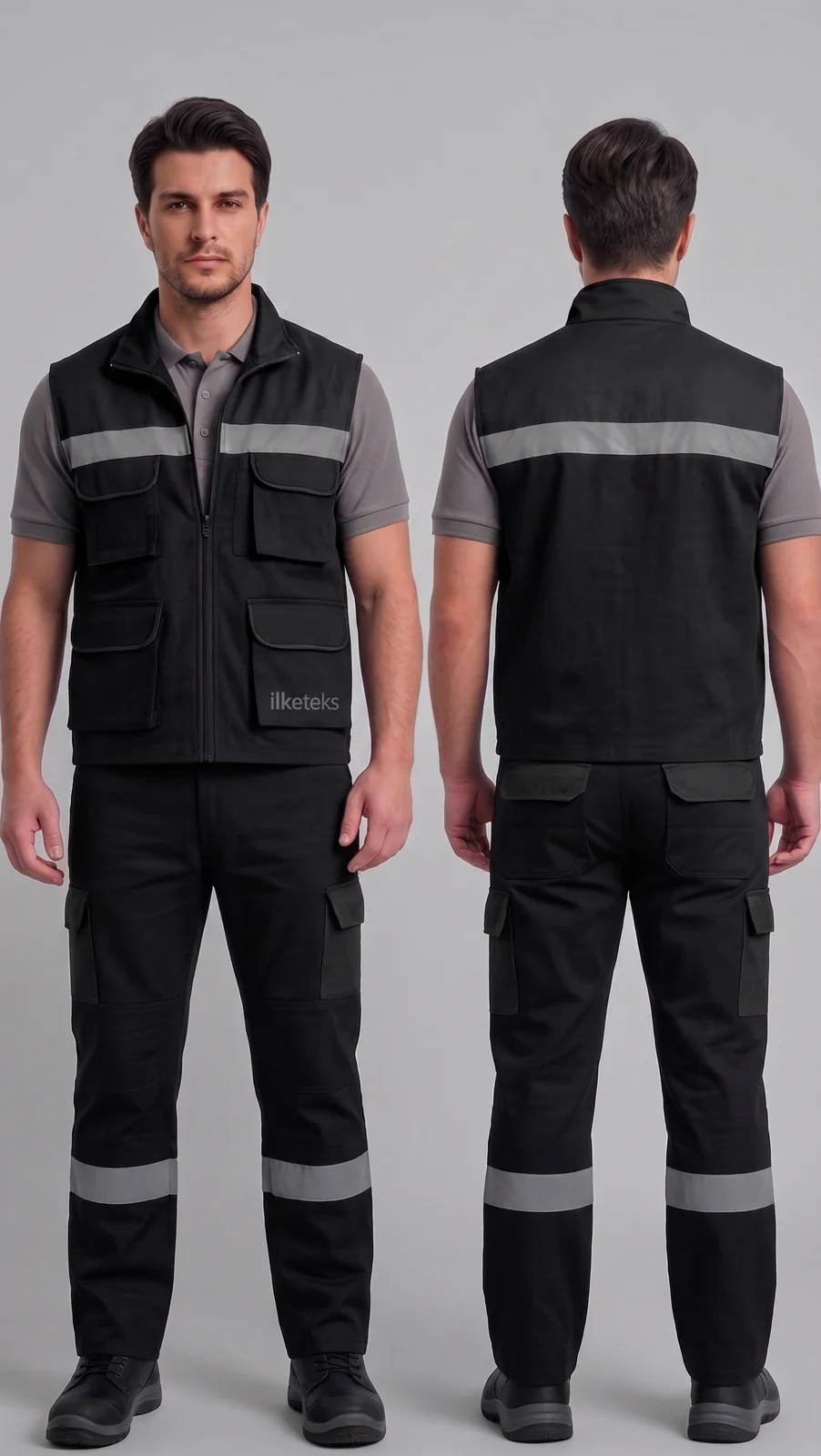 Siparişe özel iş yeleği-pantolon takımı #11 — harman gabardin 245 gr/m² full likralı, İlke Tekstil Denizli OEM üretim