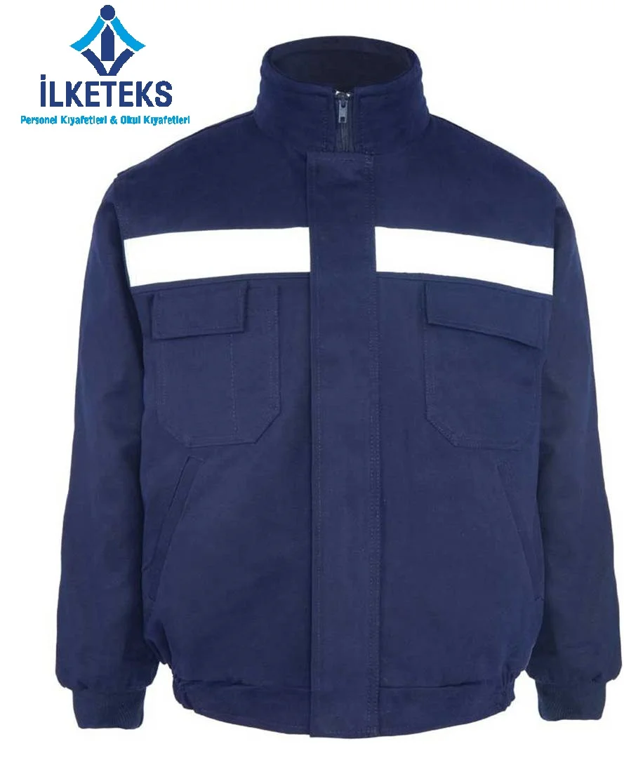İLKETEKS lacivert kışlık iş ceketi, reflektif şeritli — Denizli Fabrikası