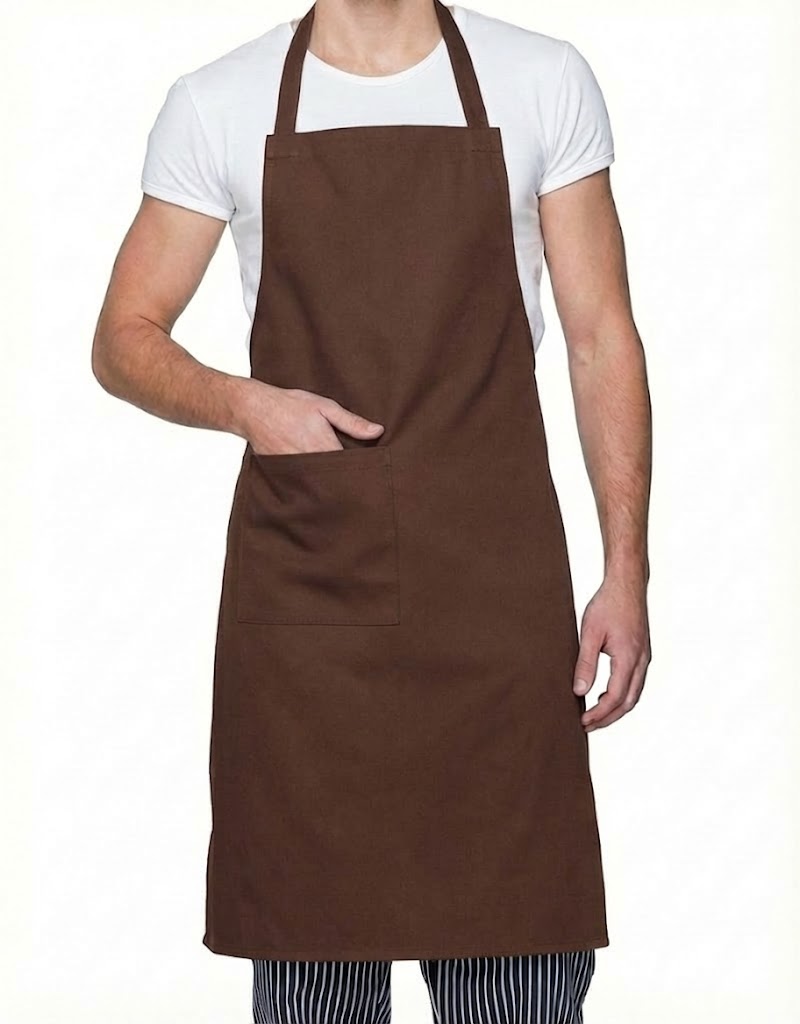 Mutfak önlüğü — kanvas ağır 300g haki/kahve · pastane/butcher rustic konsept · bahçıvan askılı 4-5 cep · İlke Tekstil