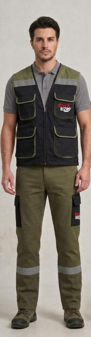 Haki yeşil tam yelek 4 cep kapaklı, göğüs gri reflektör şeritli, sağ göğüs Çivril Bizim kırmızı logo, altında haki renk pantolon arka cep logolu