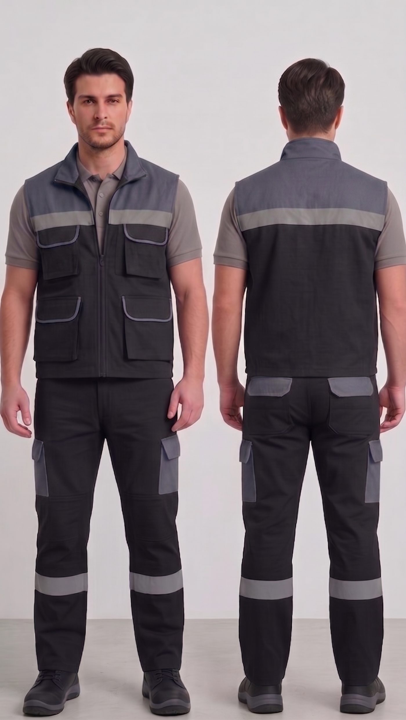 Koyu gri (gunmetal) omuz paneli, siyah gövde iş yeleği, koyu gri kargo siyah pantolon, ön + arka görünüm